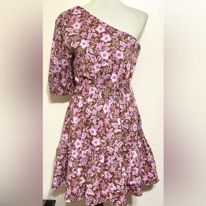 Jessica Simpson One-Shoulder Floral Ruffle Dress Pink, Brown L